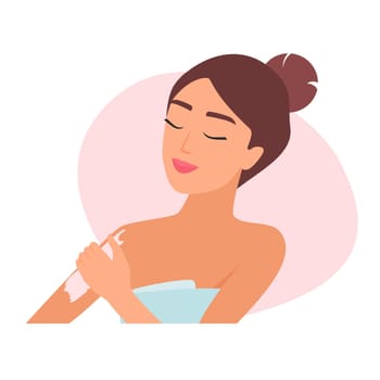 Woman applying moisturizing cream or sunscreen on skin of shoulder