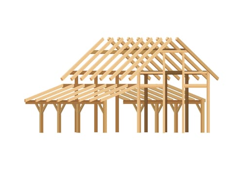 Wooden roof and wall frames of unfinished house on construction site