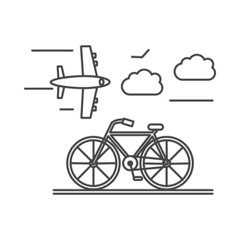 Transport line icon, bike on road and flying airplane