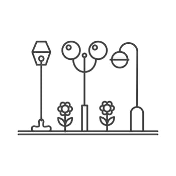 City park with street lights, urban public place line icon