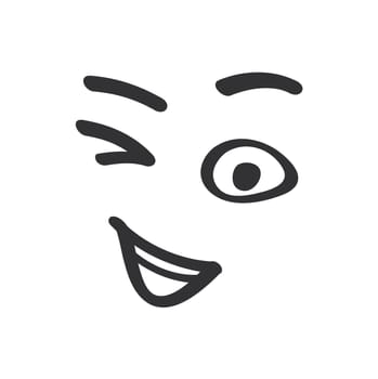 Funny character winking, playful facial expression in monochrome doodle style