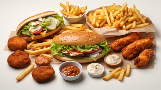 Various fast food items isolated on white background. Fried chicken, fries, pizza, sandwiches, chicken nuggets, eggs and bacon, shawarma, prawns, fast food junk food set. Closeup shot.