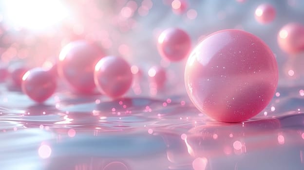 Group of Pink Balls Floating on Water. Generative AI.