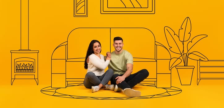 Smiling millennial arab and european couple on floor, dreams of own house, isolated on orange background studio, with abstract drawn living room furniture, interior, panorama. Renovation, buy home