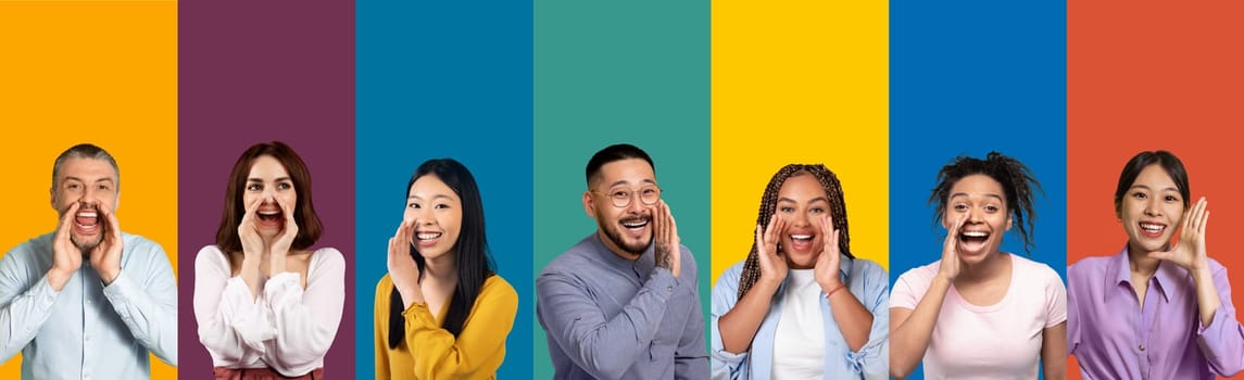 Gossip, rumor, spread the word concept. Excited diverse people multiethnic millennial men and women holding hand next to mouth, set of photos, colorful background, banner
