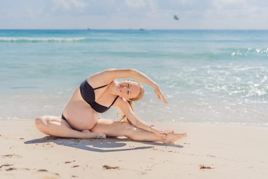 Harmonizing mind and body, a pregnant woman gracefully practices yoga on the beach, embracing the serenity of the seaside for a tranquil and mindful pregnancy experience