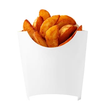 Fried potatoes in a white paper pack on white background