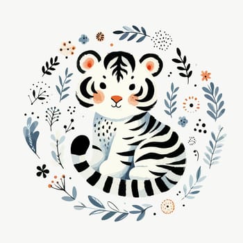 Kids watercolor illustration with cute baby tiger.