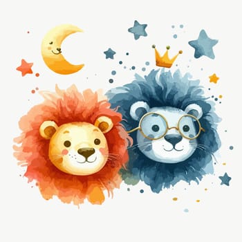 Kids watercolor illustration with cute baby lion.