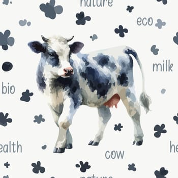 Watercolor seamless pattern with cow.