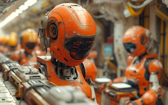 Robots in a factory are assembling sports gear and helmets on a conveyor belt