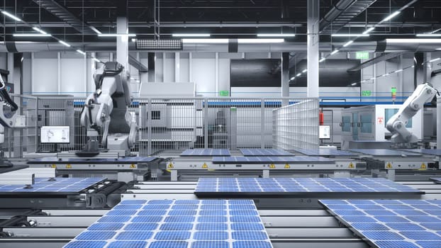Photovoltaics assembled on conveyor belts inside facility with safety protocols