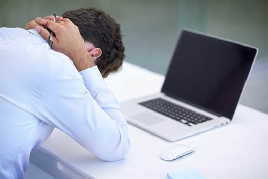 Business, neck pain and man with laptop, frustrated and deadline with burnout and professional. Person, office and employee with computer and startup with fatigue and tired with a mistake and fail
