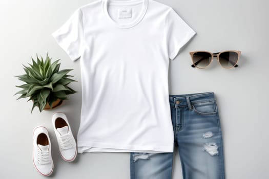 Flat lay mockup of white T-shirt. Generative Ai