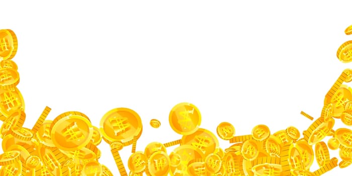 Korean won coins falling. Scattered gold WON coins. Korea money. Jackpot wealth or success concept. Wide vector illustration.