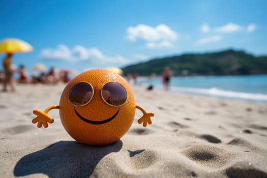 Huge joyful yellow smiley on the beach of a tropical island. Generative AI