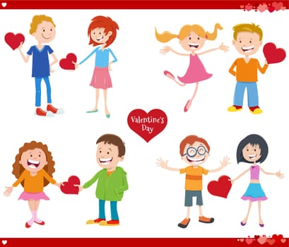 cartoon girls and boys with cards on Valentines Day set