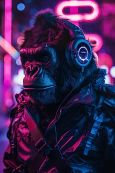 Monkey ape with headphone in neon background. generative AI
