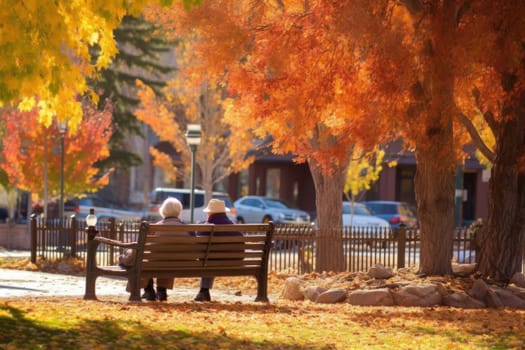 senior couple sitting on a bench in an autumn park, Generative AI