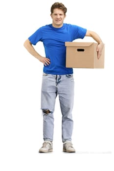 Delivery man, full-length, on a white background, with a box, hand on hip