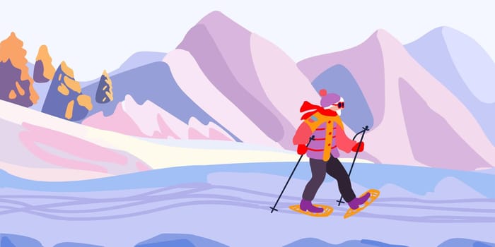 An elderly man on a ski trip. Mountain landscape with ski tracks. Winter holidays and travel. Minimalism. Vector 