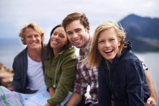 Happy friends, road trip and travel with group for fun holiday, weekend or outdoor getaway together in nature. Portrait of young people with smile for friendship, freedom or adventure on journey