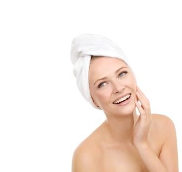 Hair, towel and thinking by happy woman with mockup in studio for shampoo or cosmetics on white background. Haircare, face and female model brainstorming DIY ideas for beauty, treatment or wellness