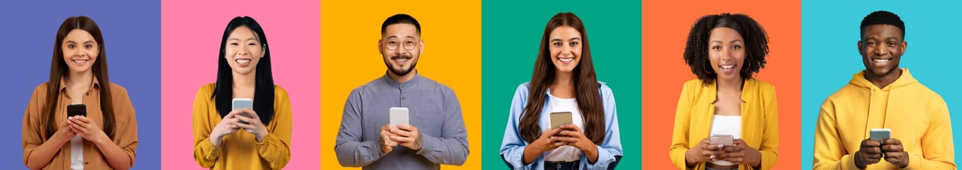 Cheerful men and women of diverse ethnic backgrounds smiling and engaging with smartphones
