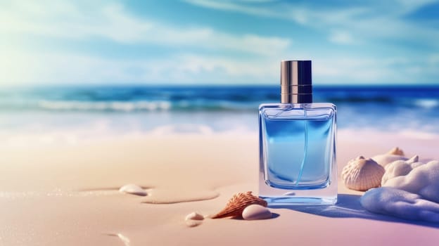 Transparent blue glass perfume bottle mockup with sandy beach and ocean waves on background. Eau de toilette. Mockup, spring flat lay.