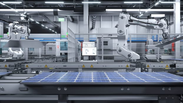 Manufacturing facility producing PV cells for energy industry, 3D illustration