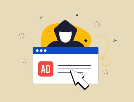 Advertising campaigns with AD fraud prevention, secure ads, detect click fraud risk and fake ad traffic. Fraud-free marketing, protect online advertising. Vector illustration on business background