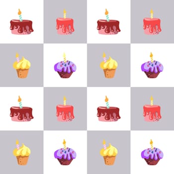Seamless pattern of with Happy Birthdays cakes tarts pies muffins, Hand drawn vector