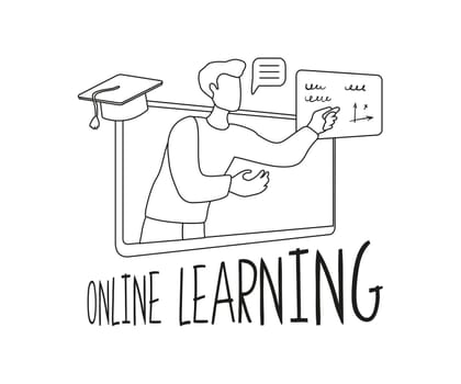 Online learning. Male teacher teaches online. Professor at remote work. Minimalism. Linear vector