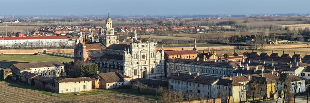 Awesome landscape view of Certosa of Pavia monastery and sanctuary