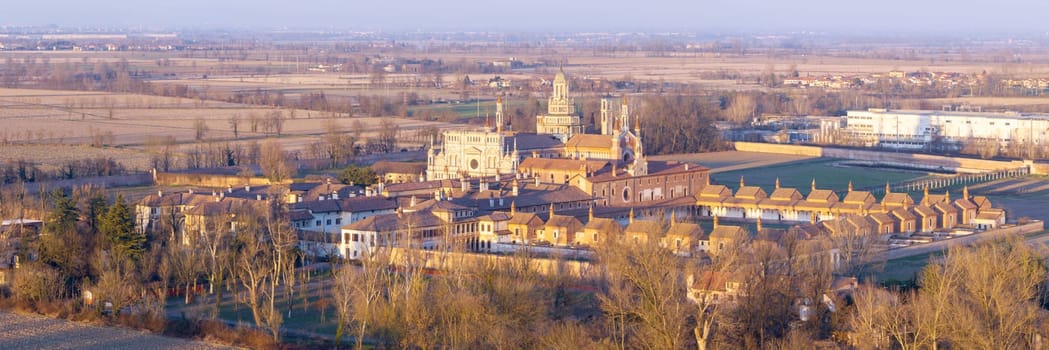 Landscape view of Certosa of Pavia monastery and sanctuary