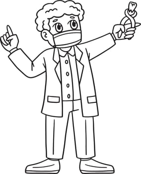 A cute and funny coloring page of a Dental Care Dentist Holding a Tooth. Provides hours of coloring fun for children. To color, this page is very easy. Suitable for little kids and toddlers.
