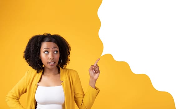 black lady pointing at empty speech bubble on yellow background