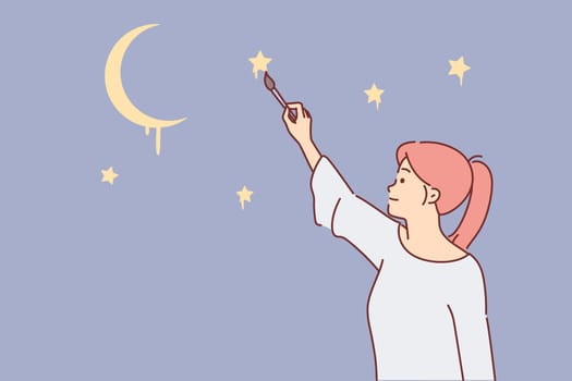 Woman draws stars in night sky, dreaming visiting space or seeing clear evening firmament above head