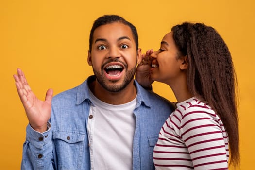 Big Secret. Young Black Woman Sharing News With Her Excited Boyfriend