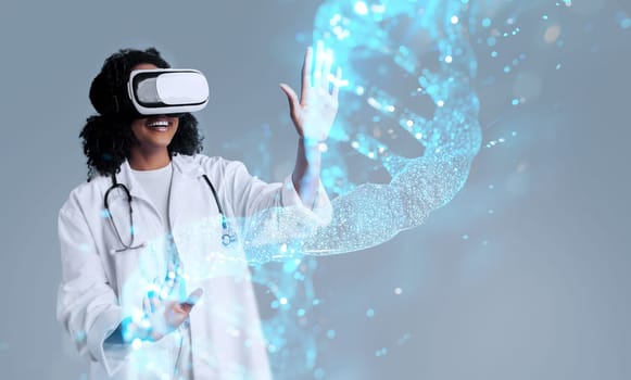 African american curly woman in vr glasses touches DNA chain