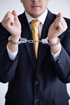 Hands, business man and handcuffs for fraud or bribery, suspicious professional deal with justice or jail. Crime, corruption or money laundering, shackles for prison with thief or criminal in finance