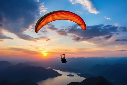 Paragliding with Beautiful landscape mountains, sunset, sea background, Generative AI