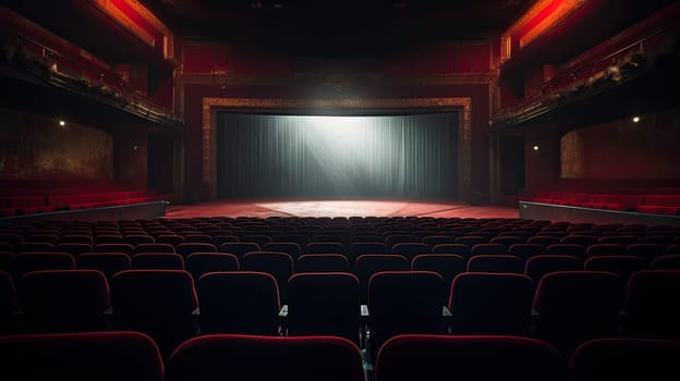 large empty theater with a large stage and red curtains for the performance. Generative AI