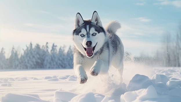 Beautiful Husky dog runs through the snow in winter to meet its owner, generative AI