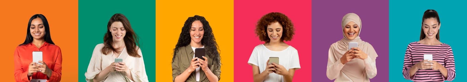 Six smiling women of different ethnicities wearing various outfits interact with smartphones