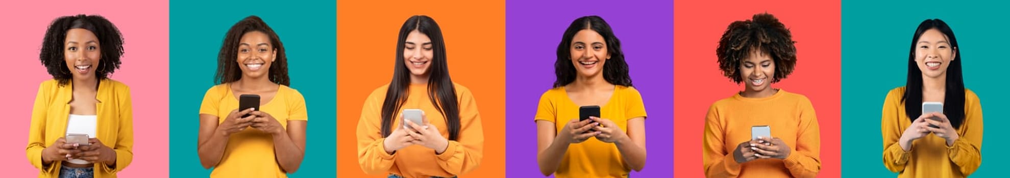 Diverse group of six young women smiling and holding smartphones