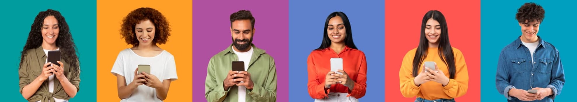 Six diverse individuals, men and women, with joyful expressions using smartphones