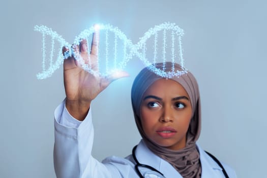 Black woman in hijab geneticist and modern technology in healthcare