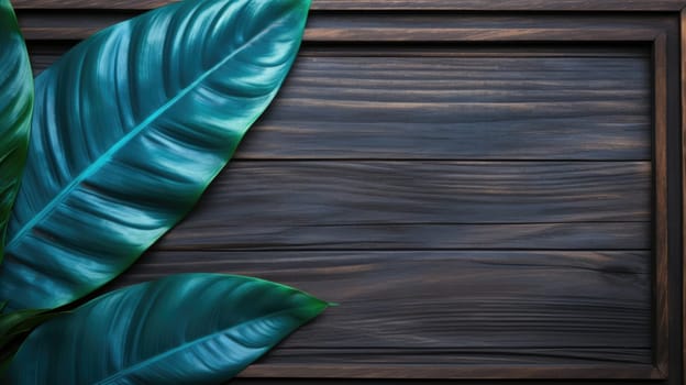 Exotic leaves on a wooden background. Top view frame