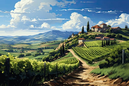 Beautiful landscape of Vineyards in European region in summer season comeliness, Beautiful vineyards with blue sky and old house. Generative AI
